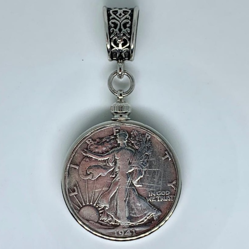 ❤️ 1941 Sterling Silver 925 Walking Liberty Coin Half Dollar Pendant